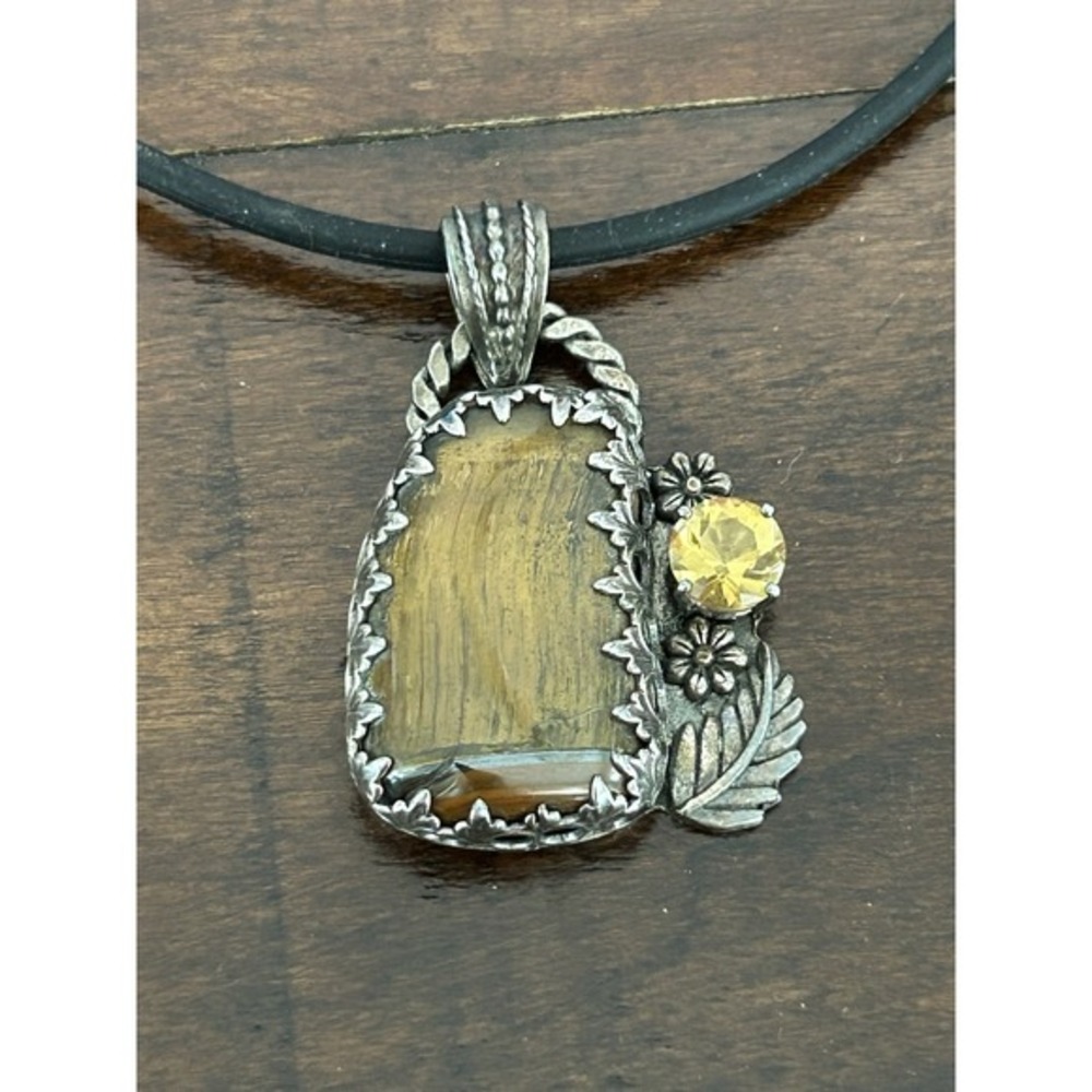 Native American Sterling Silver Citrine & Tiger's Eye Pendant Hand Signed JR